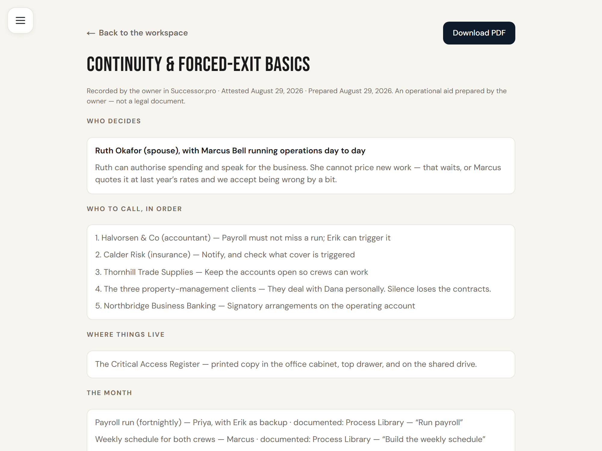 Example of a Successor.pro continuity pack, showing roles and access records for a fictional business.