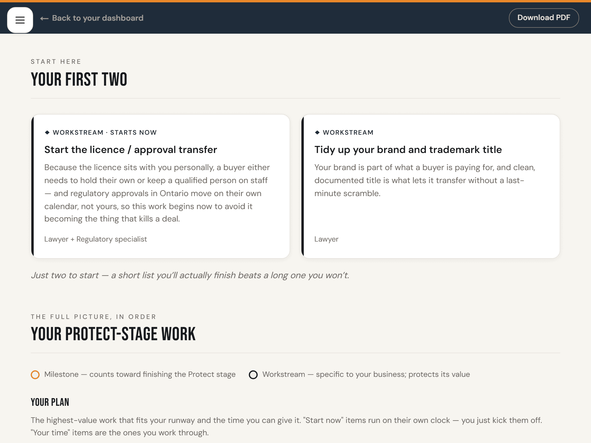 Example of a Successor.pro plan document, showing prioritized workstreams for a fictional business.