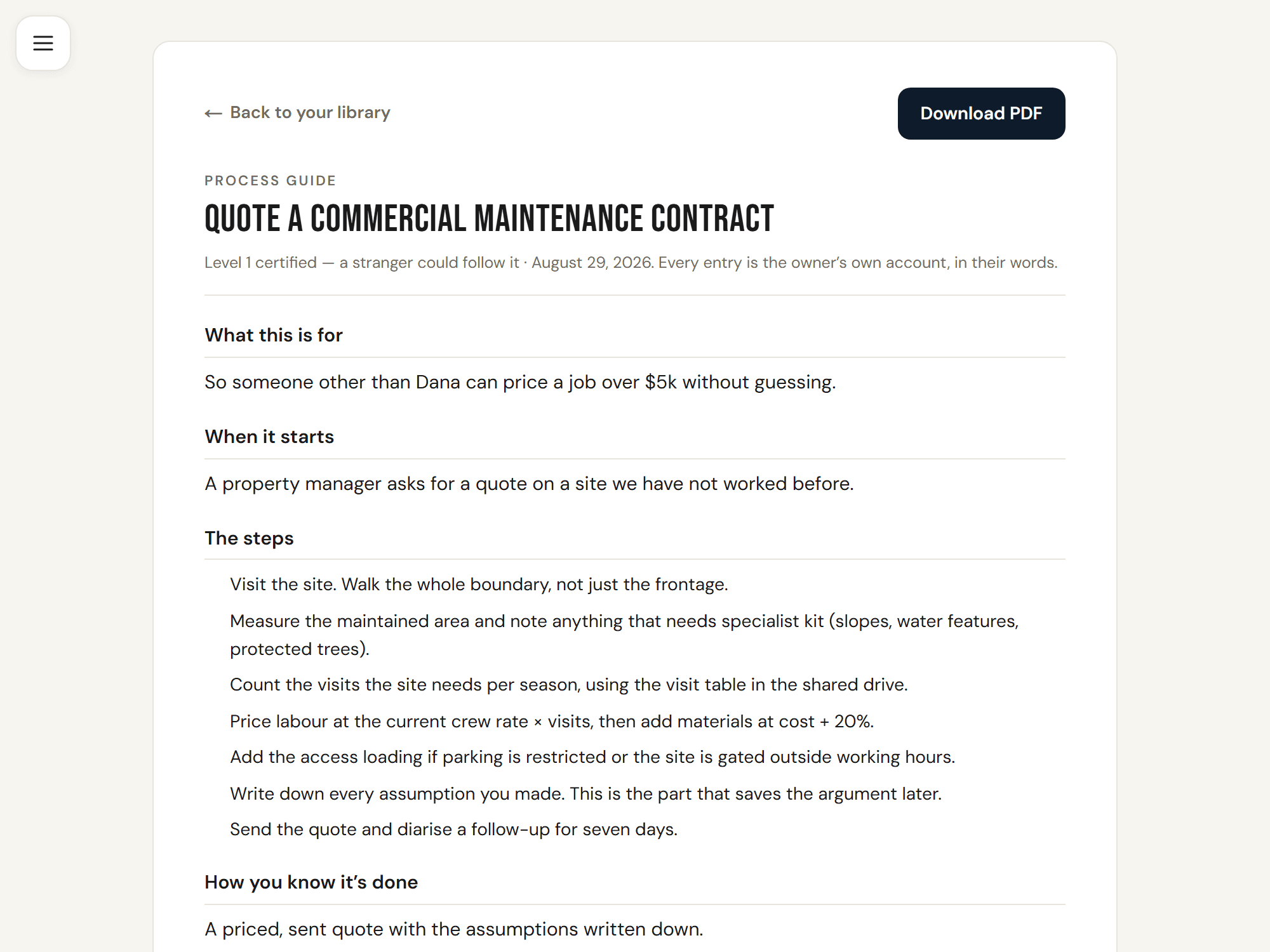 Example of a Successor.pro process guide, showing step-by-step instructions for a job in a fictional business.